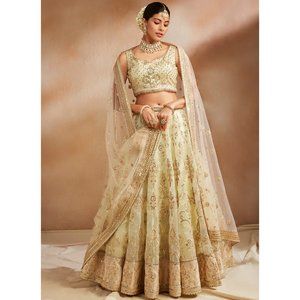 Beaded Silk Lehenga Choli for Wedding Guest from Lashkaraa - Yellow green gold